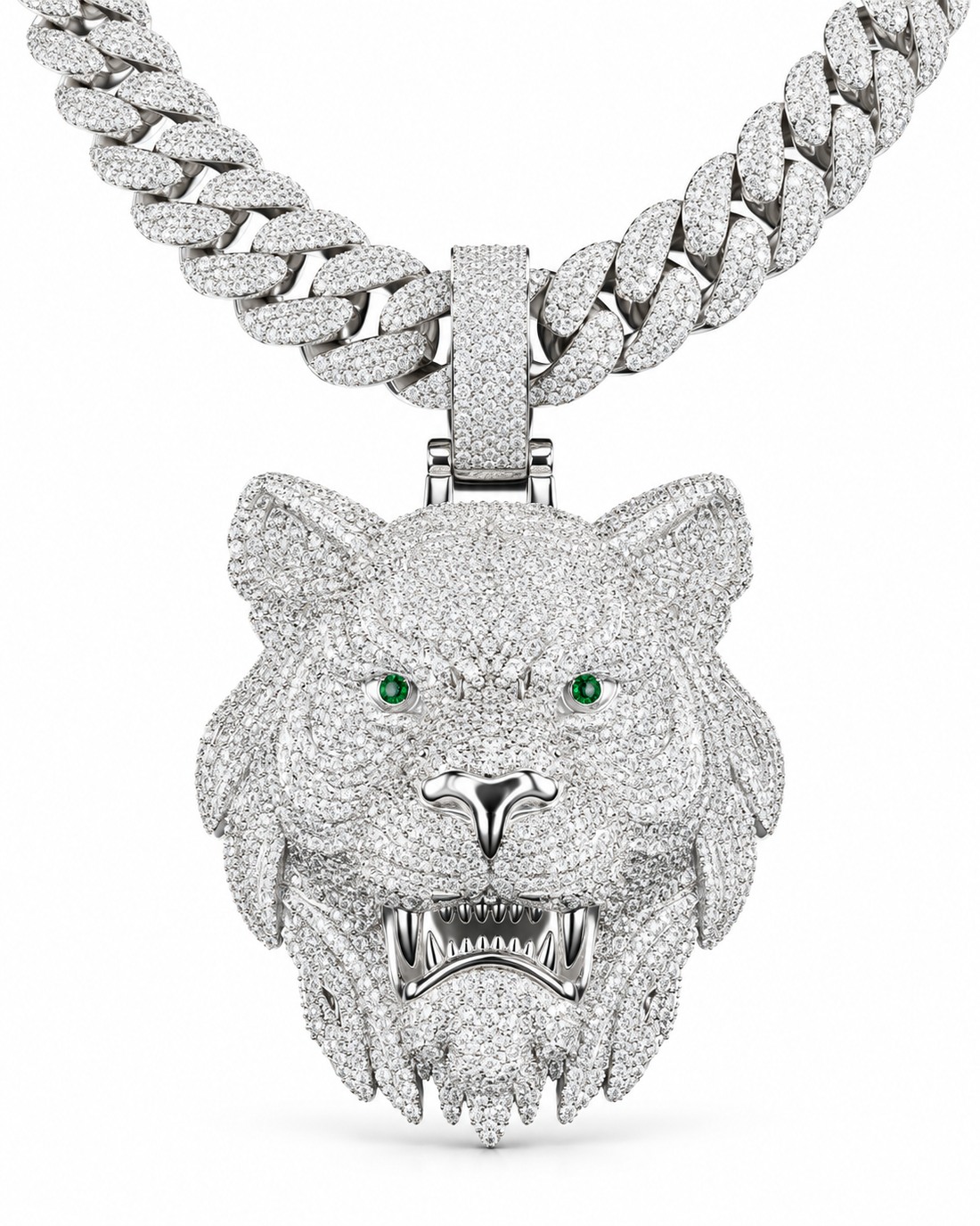 Custom Iced Out Lion Head Pendant with Green Eyes | Made to Order
