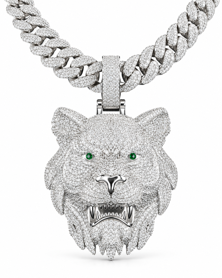 Custom Iced Out Lion Head Pendant with Green Eyes | Made to Order