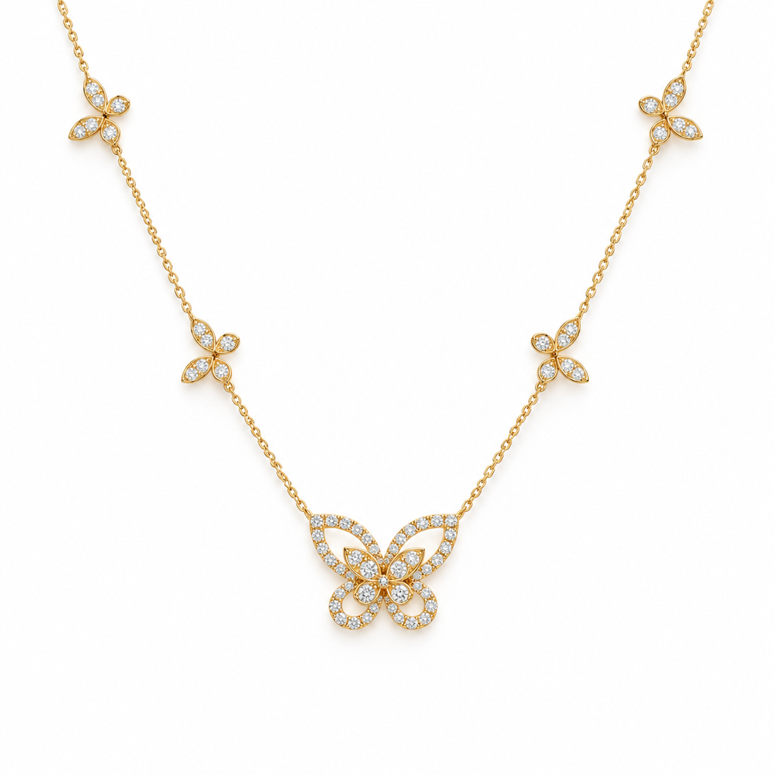Five Butterfly Pavé Round Stone Yellow Gold Station Necklace