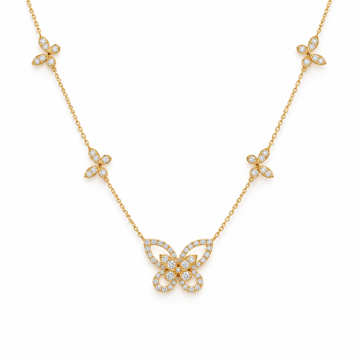 Five Butterfly Pavé Round Stone Yellow Gold Station Necklace