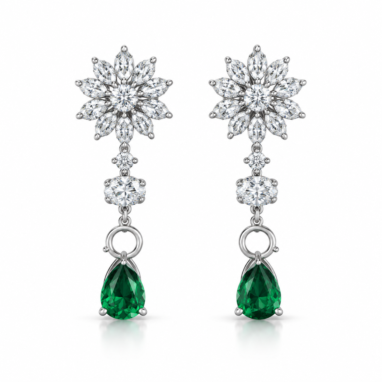 Green Pear Drop Earrings with Marquise Flower Cluster