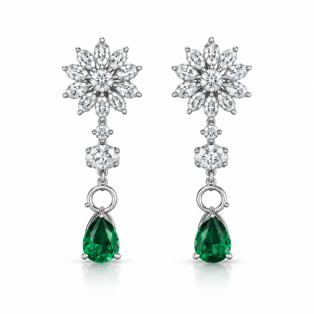Green Pear Drop Earrings with Marquise Flower Cluster