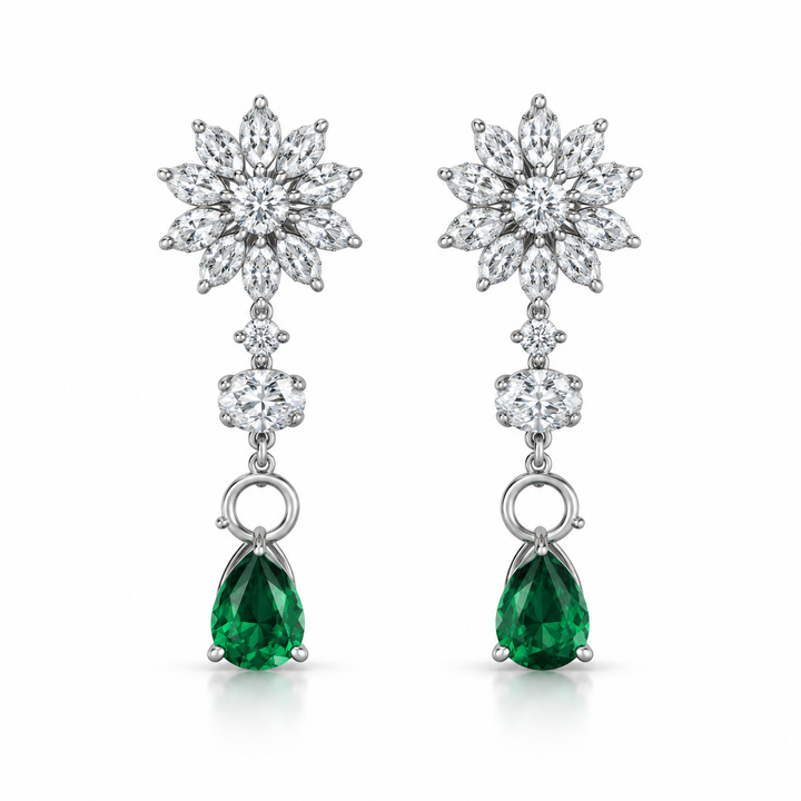 Green Pear Drop Earrings with Marquise Flower Cluster