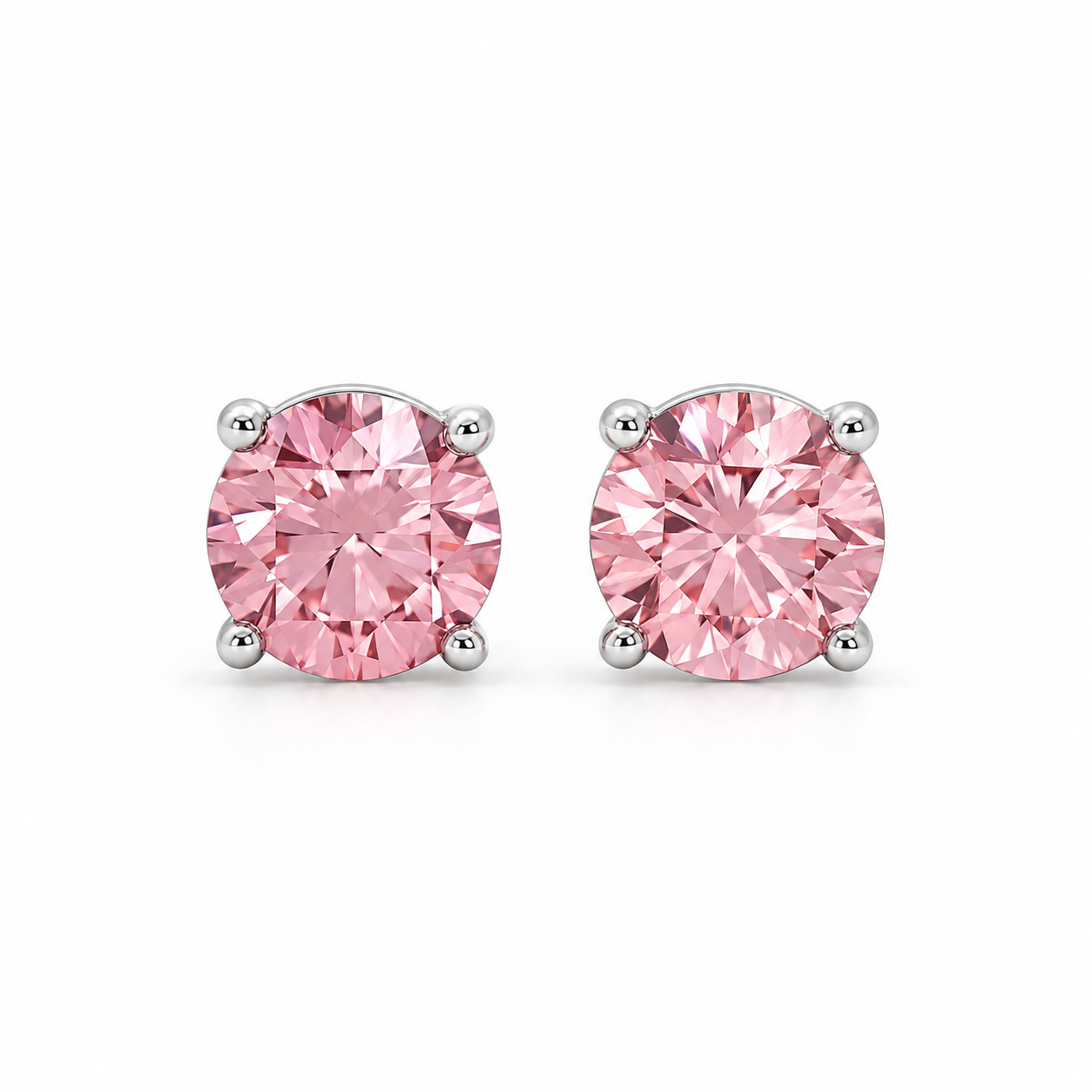 Pink Round Solitaire Stud Earrings in White Gold Tone