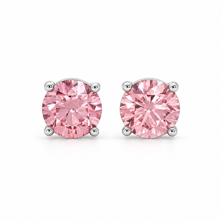 Pink Round Solitaire Stud Earrings in White Gold Tone