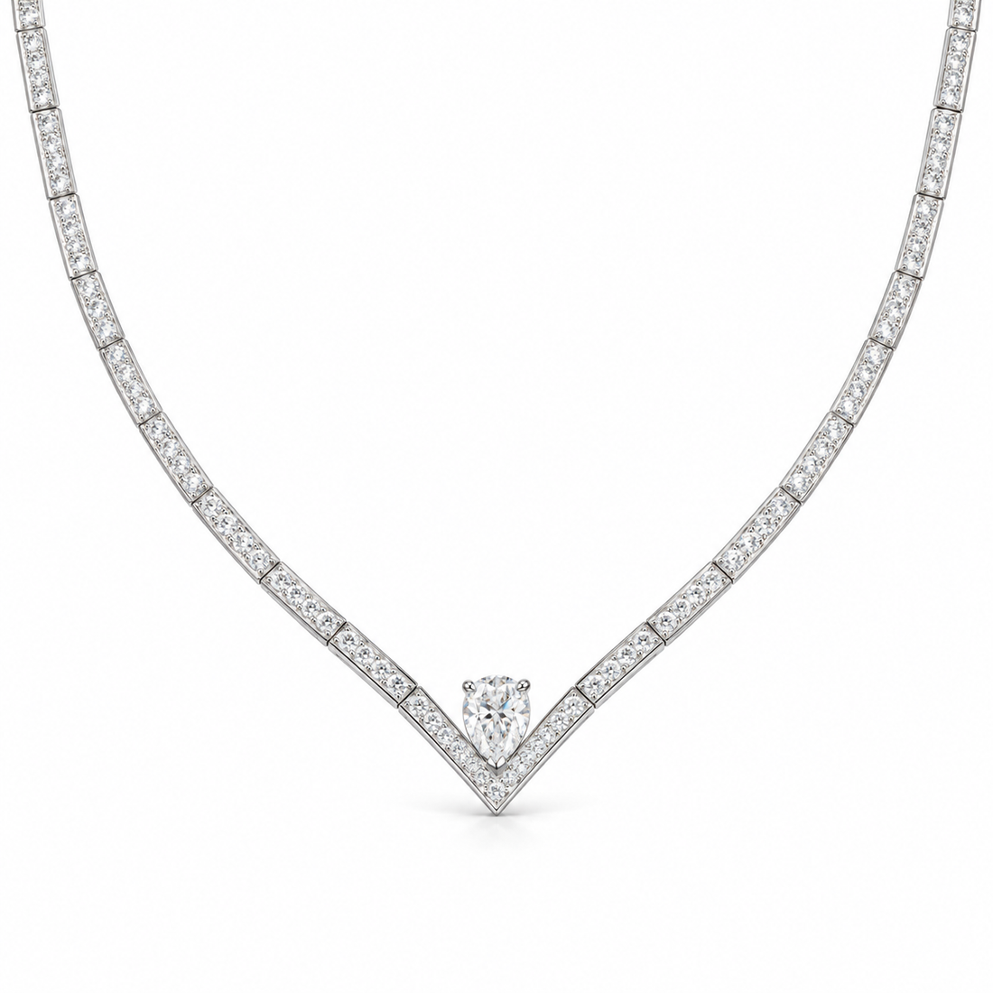 Pear Cut V-Shaped Pavé White Gold Necklace