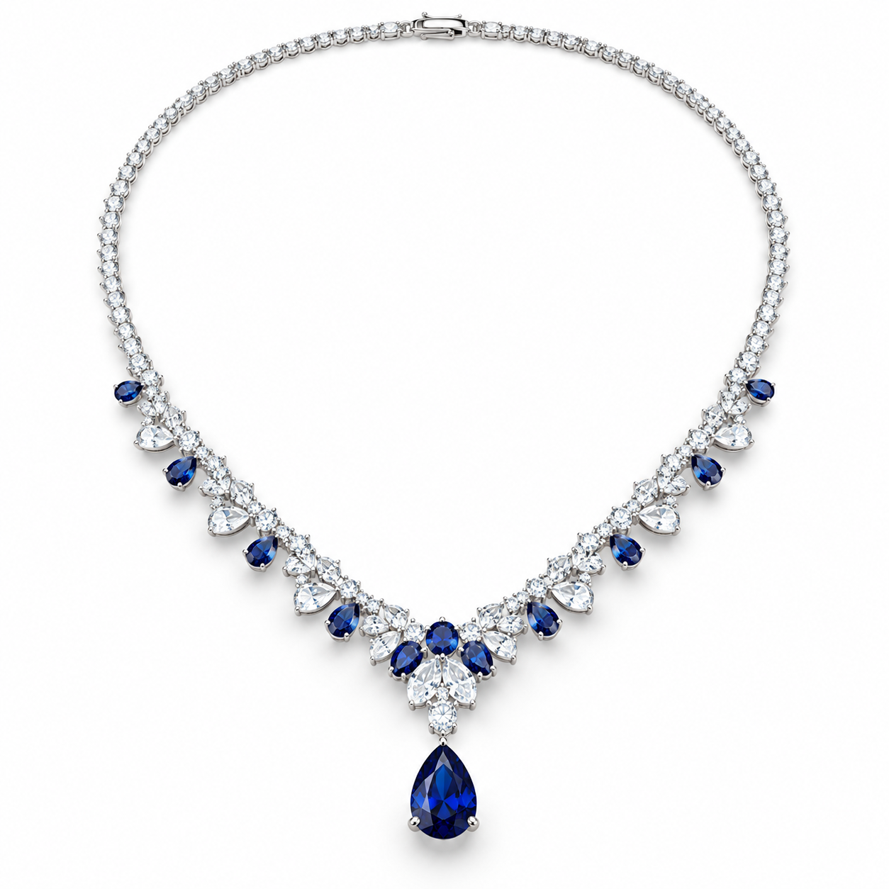 Blue Pear Drop Round Cut White Gold Tennis Necklace