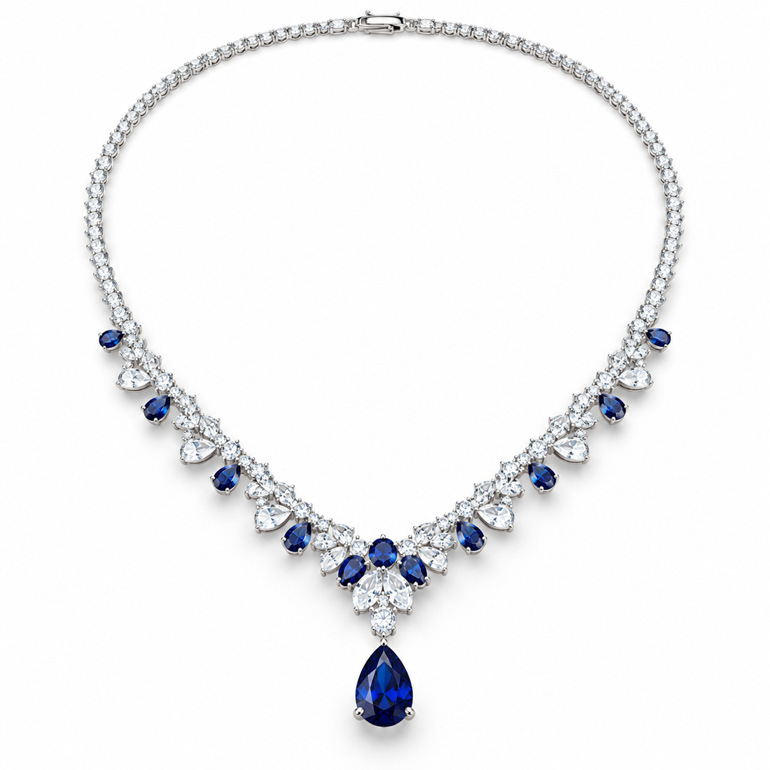 Blue Pear Drop Round Cut White Gold Tennis Necklace