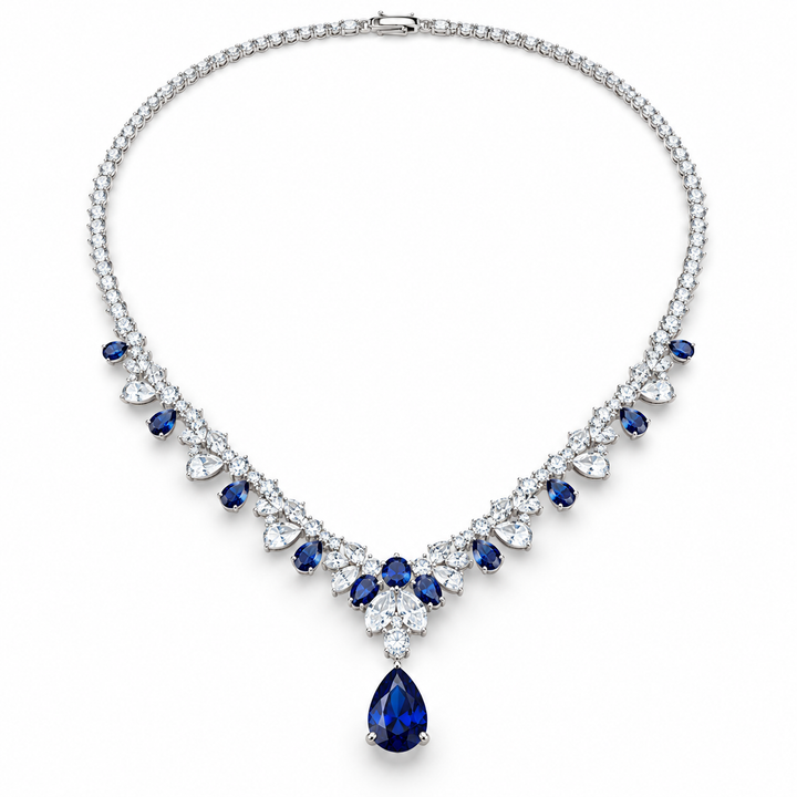 Blue Pear Drop Round Cut White Gold Tennis Necklace