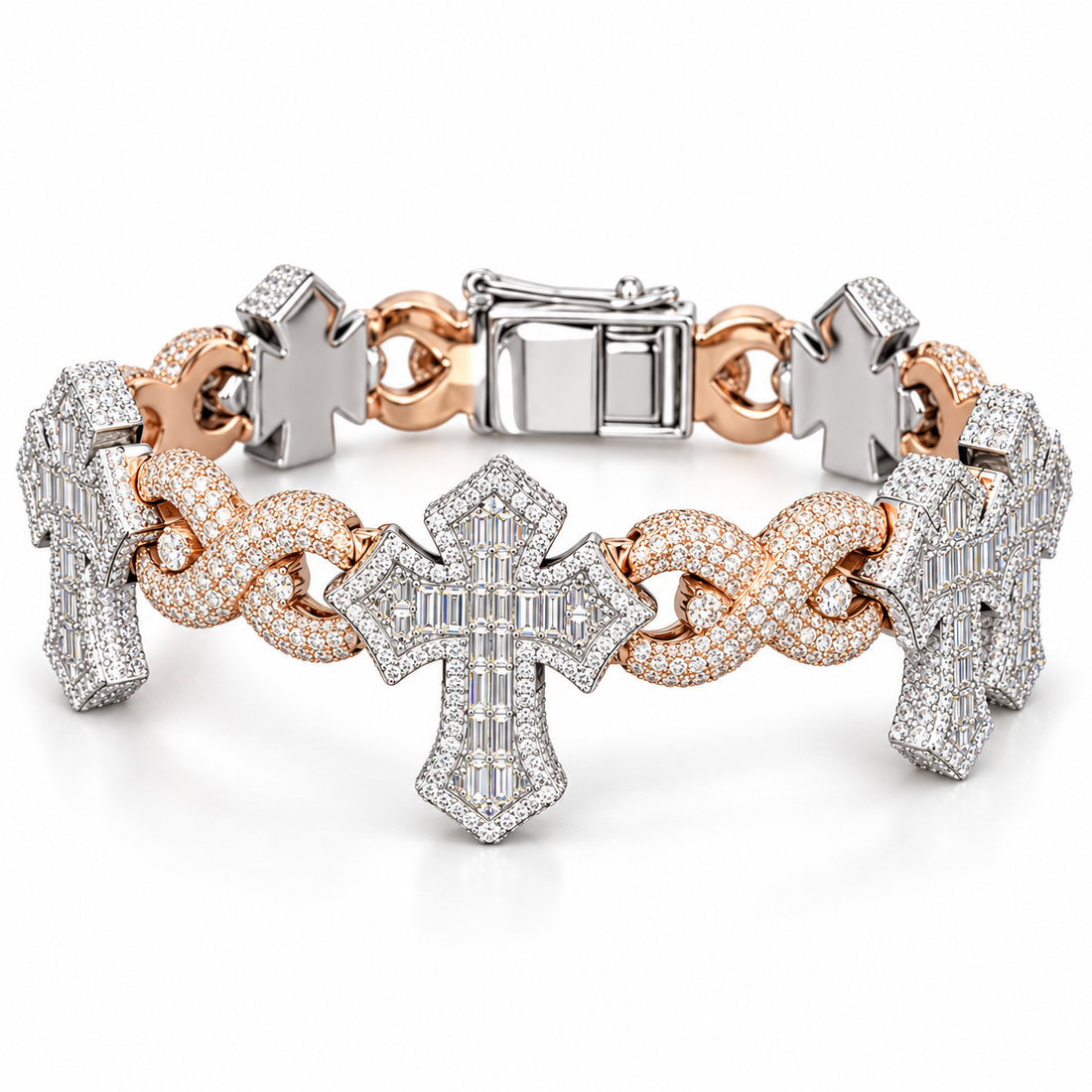 Two Tone Baguette Cross & Infinity Link Bracelet – White and Rose Gold-Tone Iced Out Jewelry