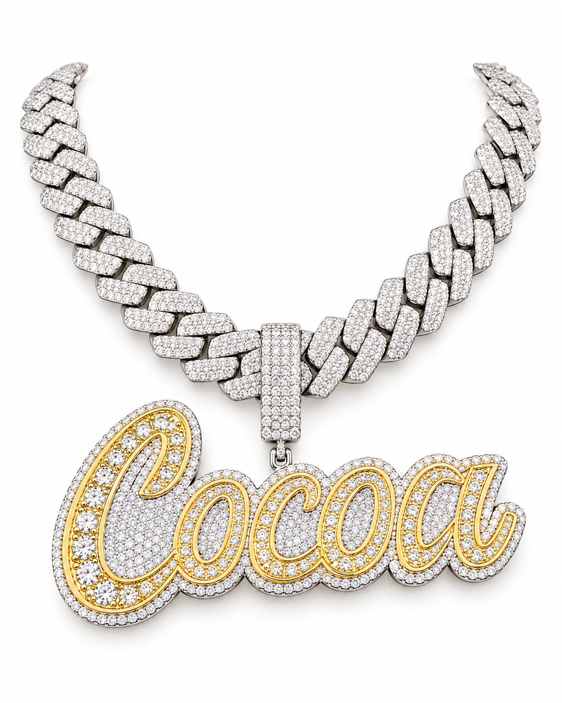 Custom Iced Out Cocoa Script Name Pendant with Two-Tone Finish