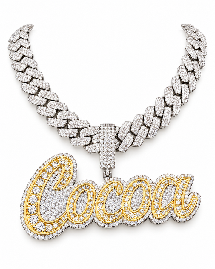 Custom Iced Out Cocoa Script Name Pendant with Two-Tone Finish