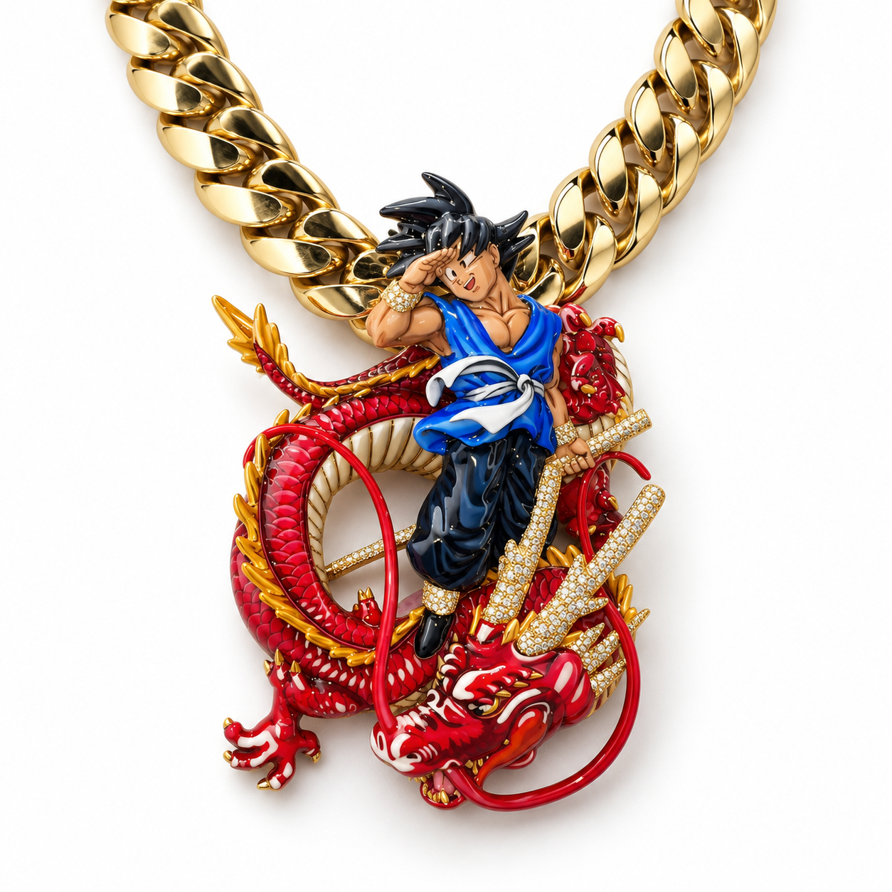 Anime Warrior and Red Dragon Pendant with Multicolor Detailing and Gold-Tone Stone Accents