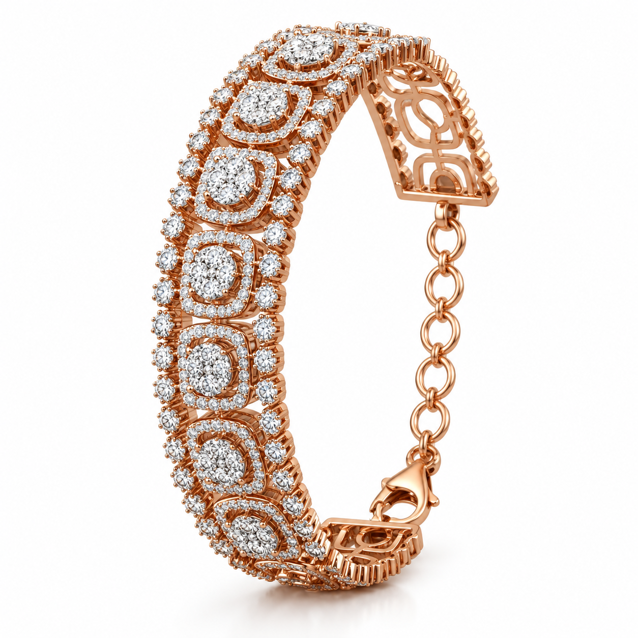 Rose Gold-Tone Cushion Halo Cluster Wide Bracelet