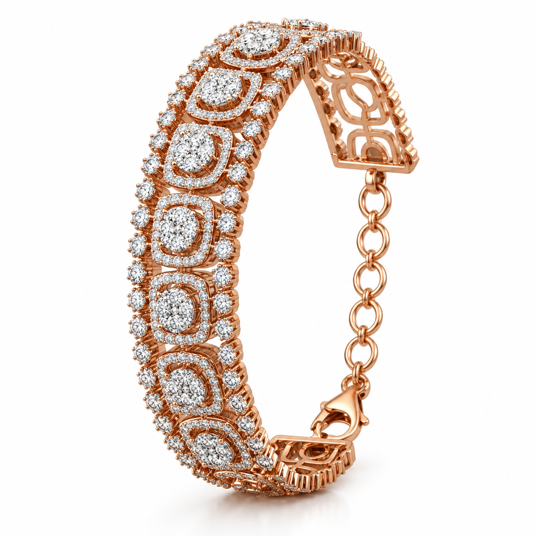 Rose Gold-Tone Cushion Halo Cluster Wide Bracelet