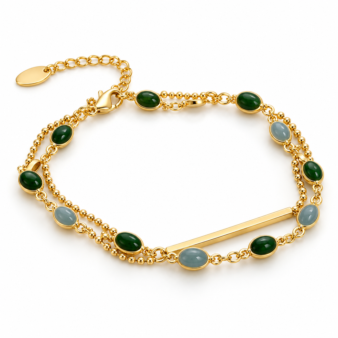 Green & Blue-Gray Oval Cabochon Double Strand Gold-Tone Bracelet