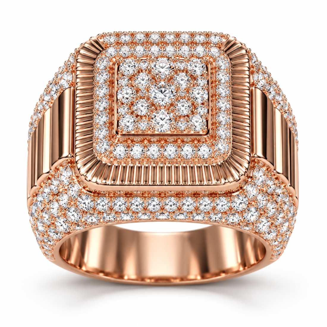 Square Cluster Fluted Frame Iced Out Hip Hop Statement Ring