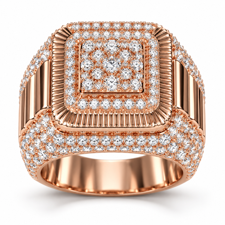 Square Cluster Fluted Frame Iced Out Hip Hop Statement Ring