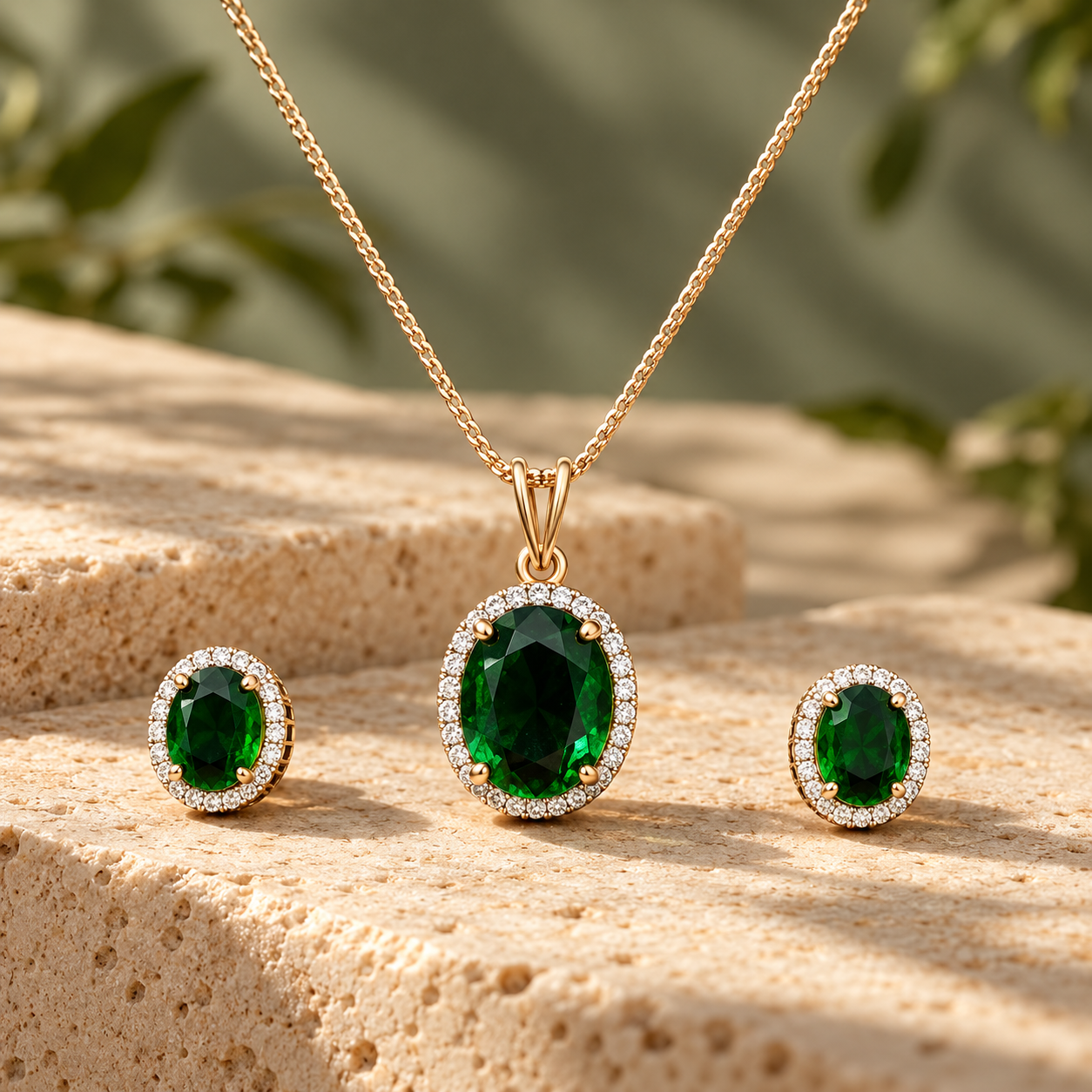 Oval Green Halo Yellow Gold-Tone Pendant and Stud Earrings Set