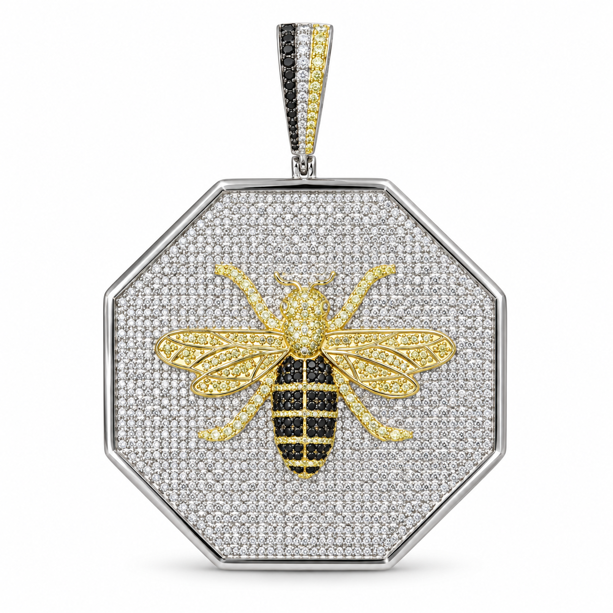 Octagonal Pavé Bee Pendant with Yellow Gold-Tone Detailing and Black Stone Accents