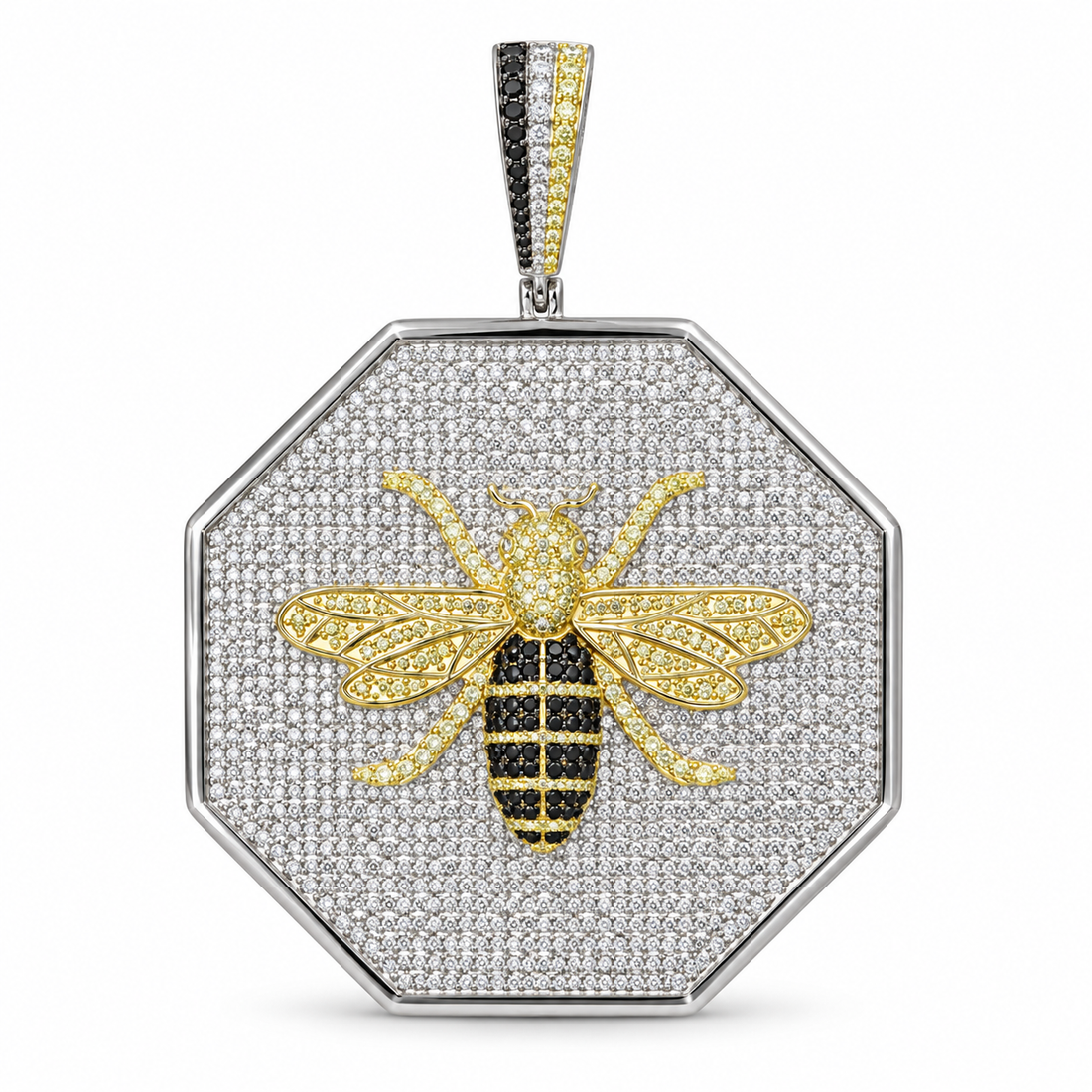 Octagonal Pavé Bee Pendant with Yellow Gold-Tone Detailing and Black Stone Accents
