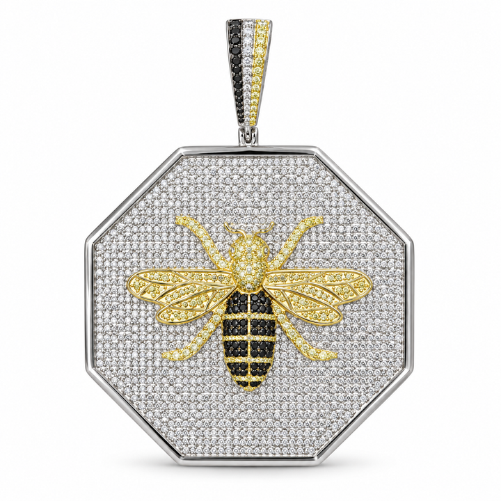 Octagonal Pavé Bee Pendant with Yellow Gold-Tone Detailing and Black Stone Accents