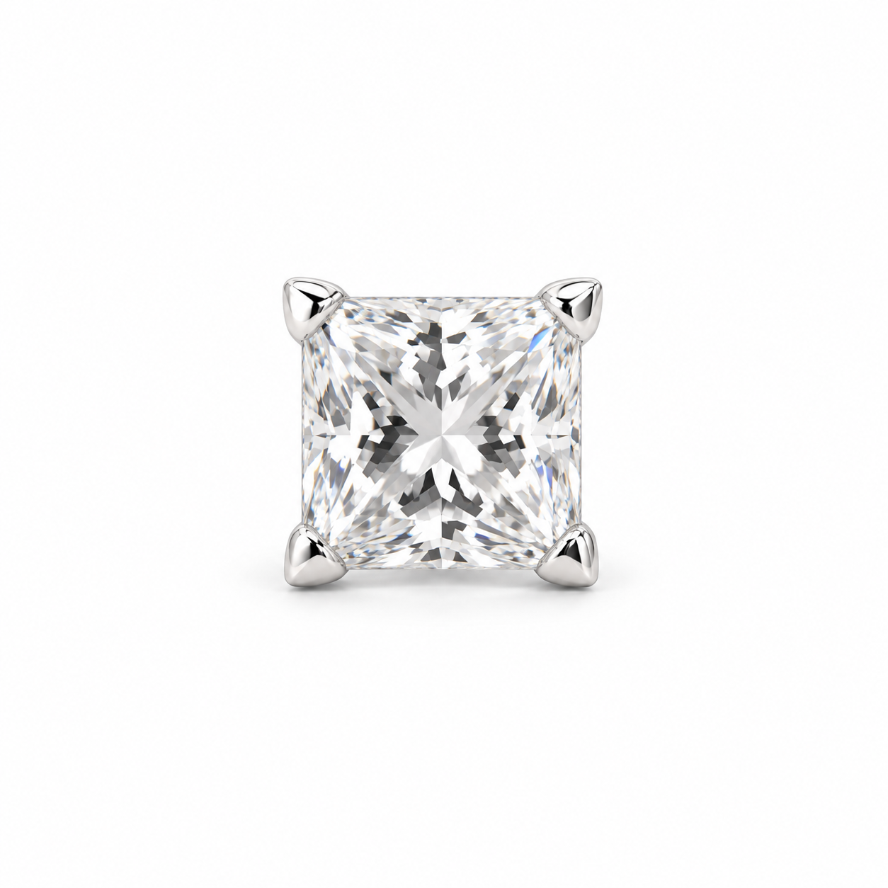 Men’s Princess Cut Solitaire Silver-Tone Four-Prong Stud Earring
