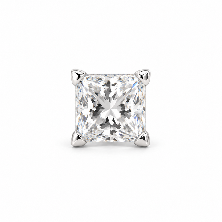 Men’s Princess Cut Solitaire Silver-Tone Four-Prong Stud Earring