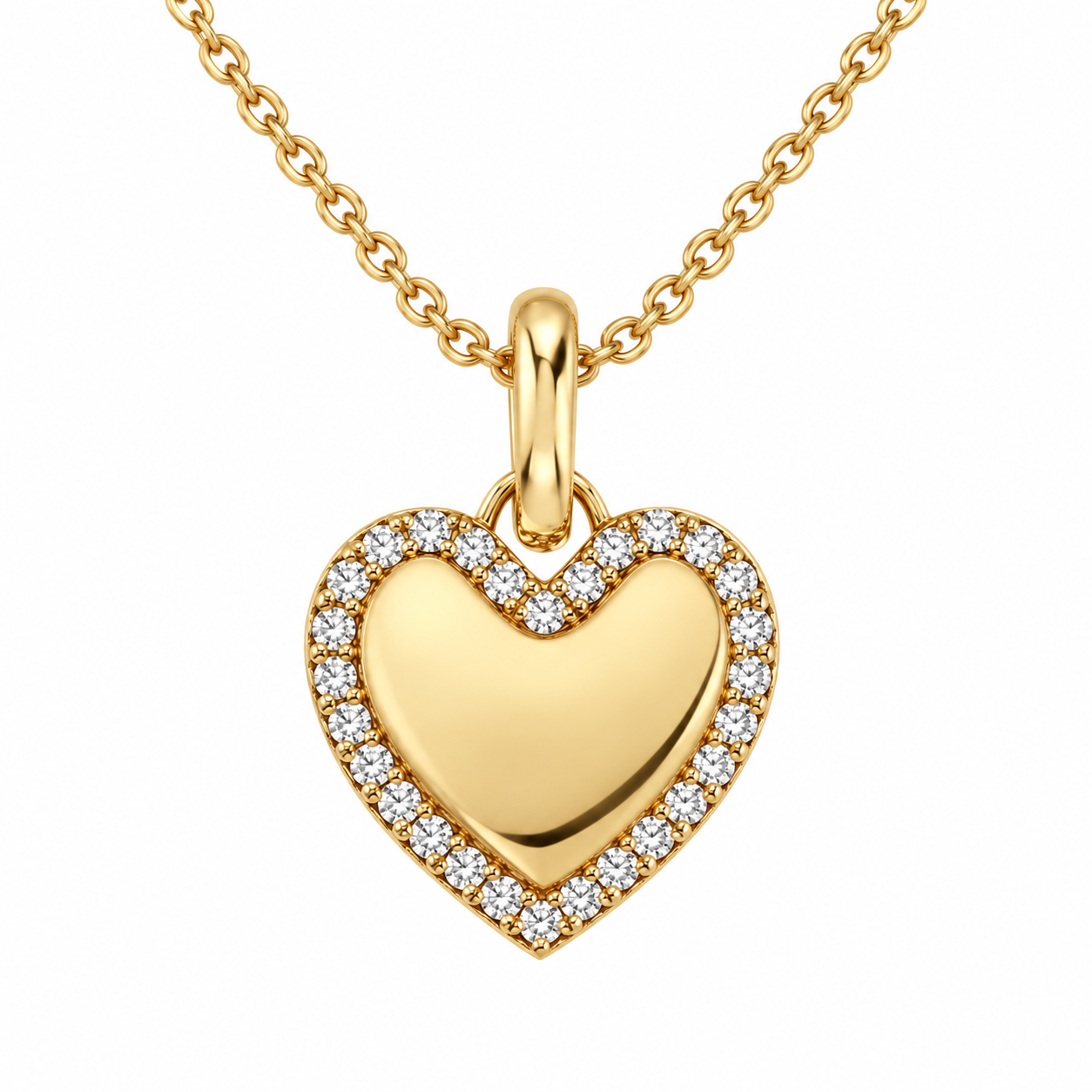 Round Cut Pavé Halo Heart Yellow Gold Pendant Necklace