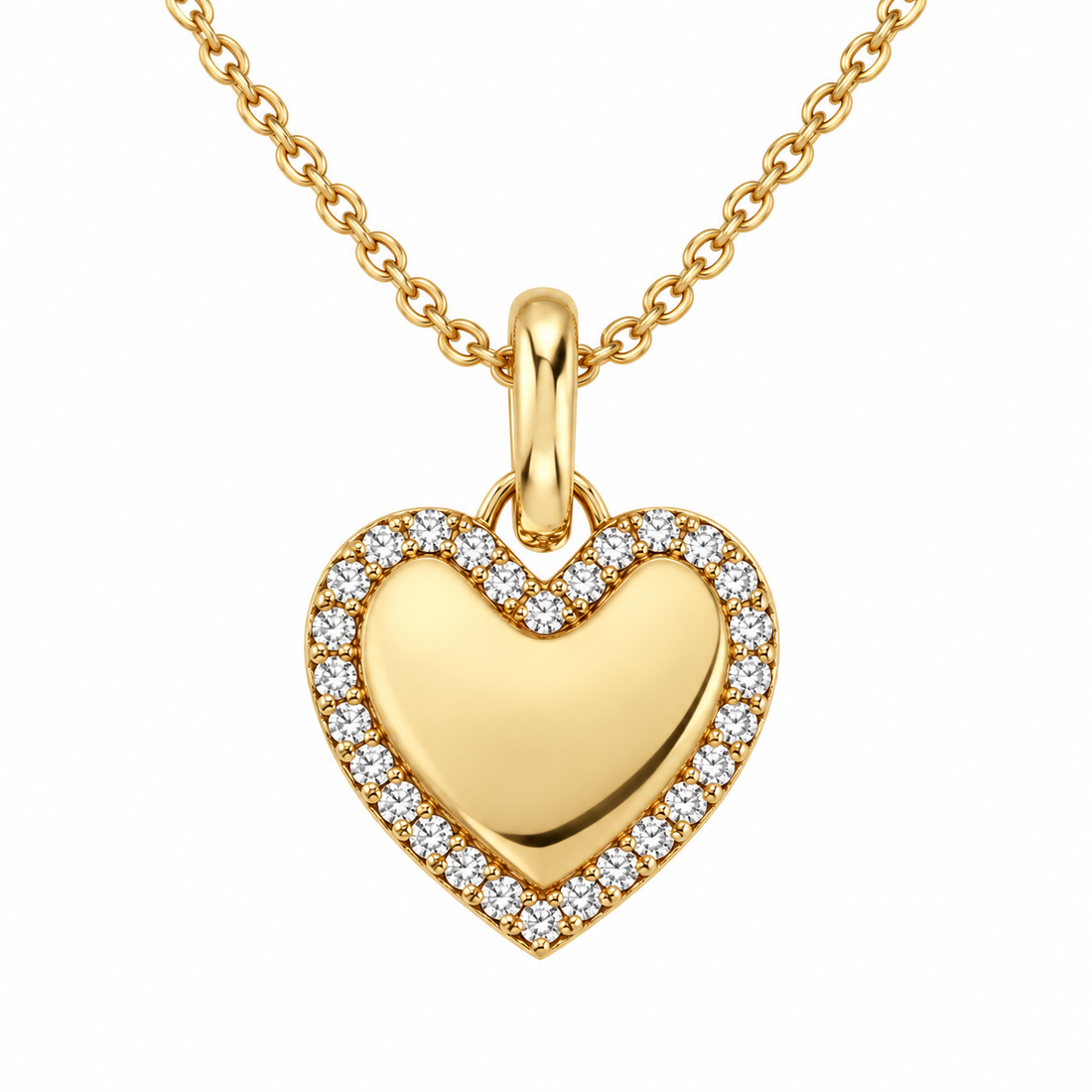 Round Cut Pavé Halo Heart Yellow Gold Pendant Necklace