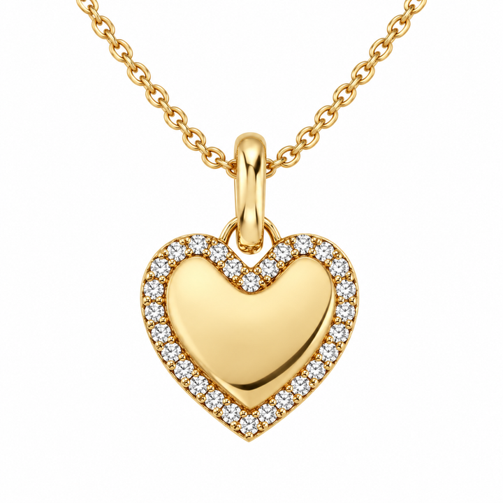 Round Cut Pavé Halo Heart Yellow Gold Pendant Necklace