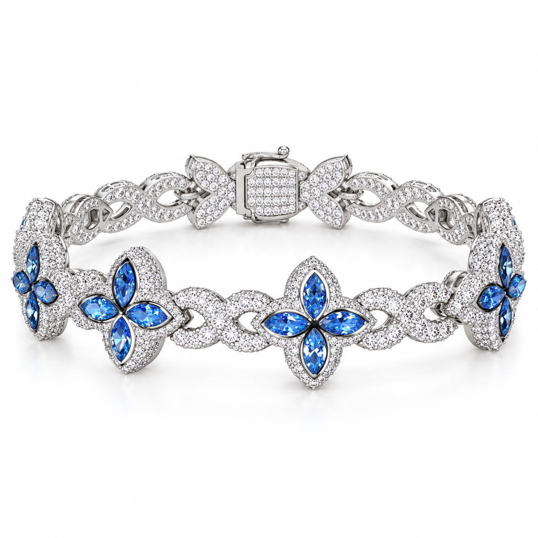 Iced Out Blue Four Petal Flower Bracelet | Custom Hip Hop Jewelry
