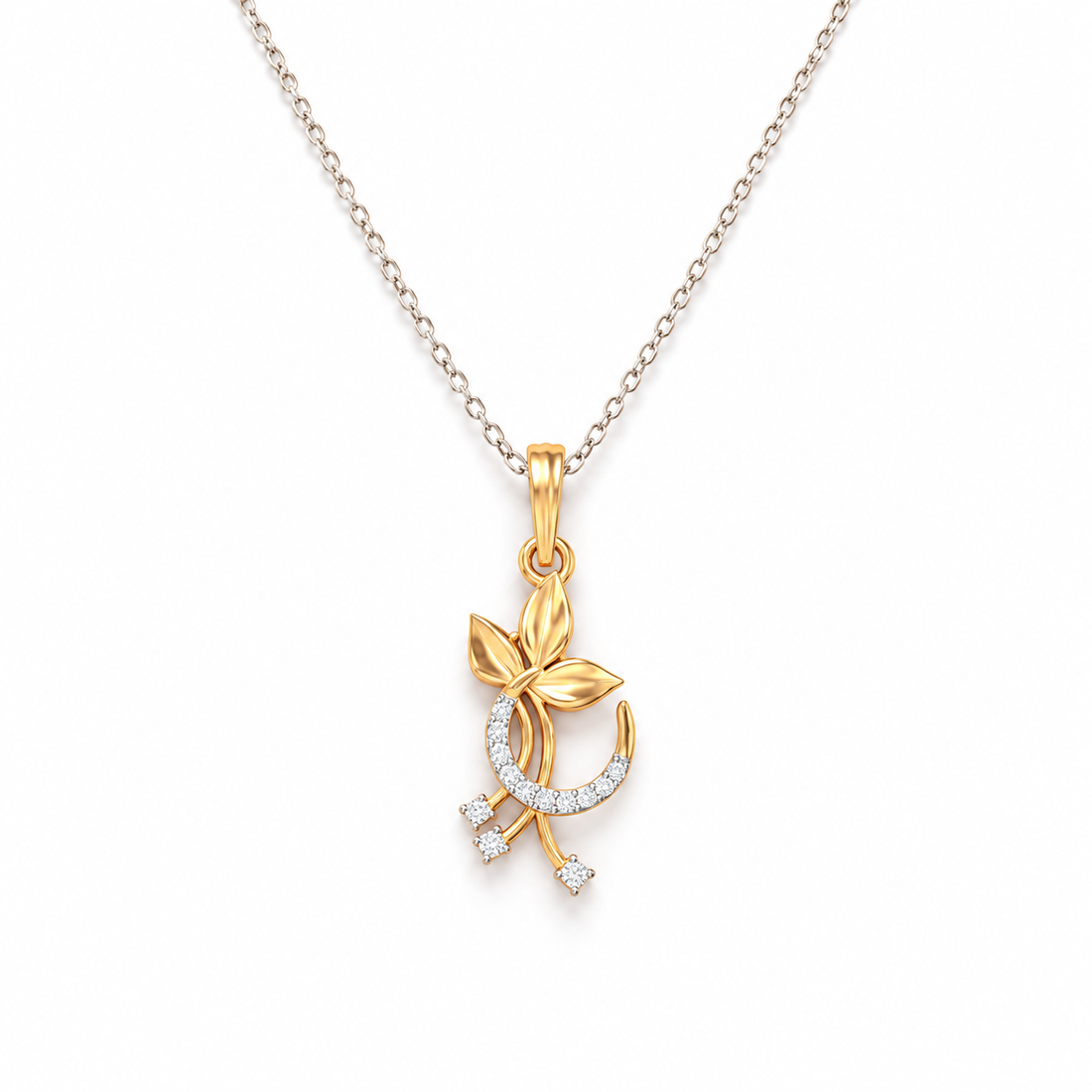Three Leaf Pavé Crescent Two Tone Gold Pendant Necklace