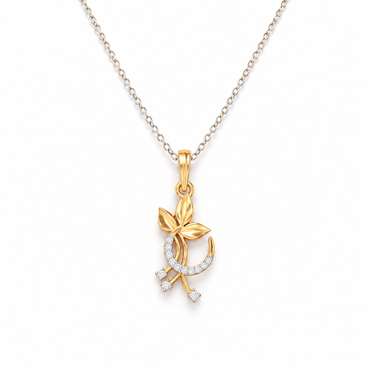 Three Leaf Pavé Crescent Two Tone Gold Pendant Necklace