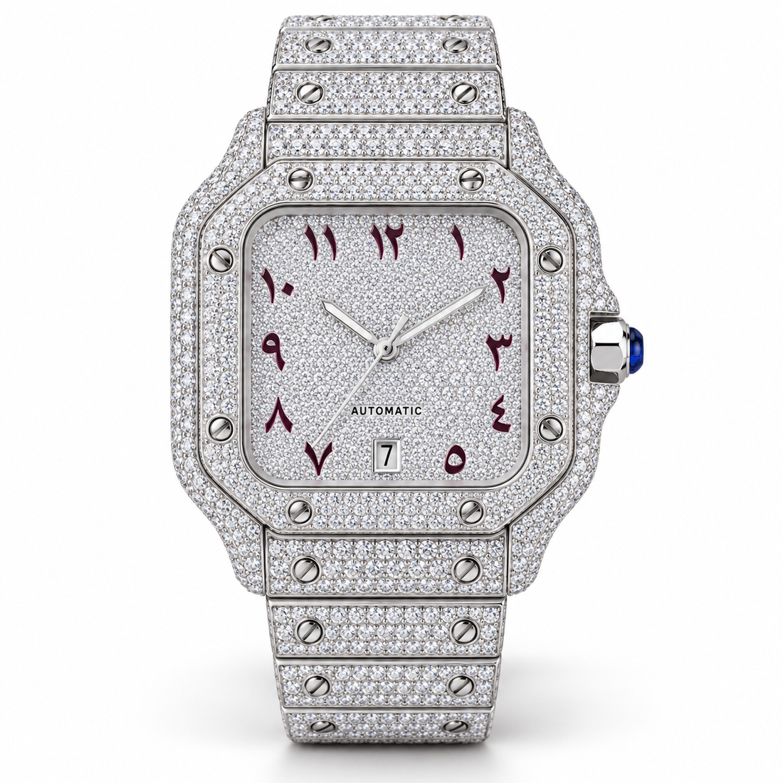 Iced Out Square Arabic Numeral Silver-Tone Watch – Custom diamond Statement Watch