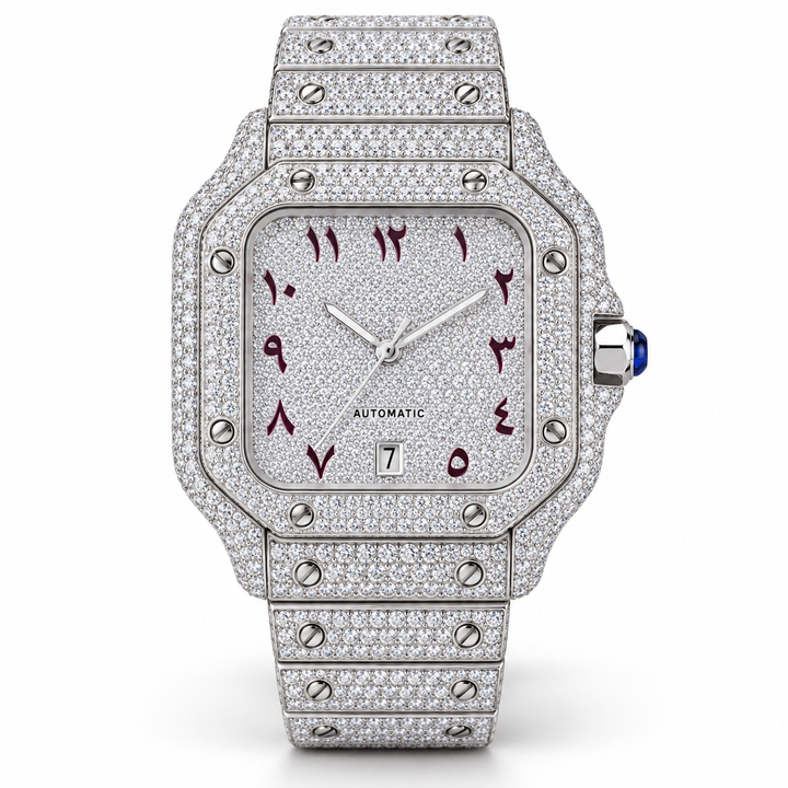 Iced Out Square Arabic Numeral Silver-Tone Watch – Custom diamond Statement Watch