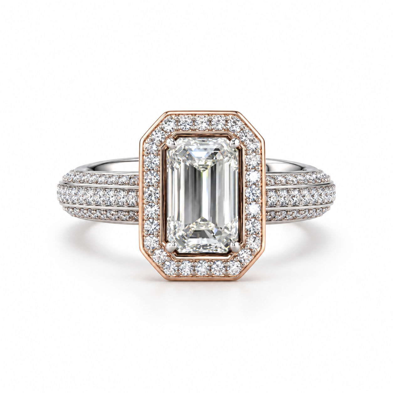 Women’s Two-Tone Emerald-Cut Halo Ring with Triple-Row Pavé Band