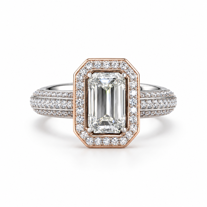 Women’s Two-Tone Emerald-Cut Halo Ring with Triple-Row Pavé Band