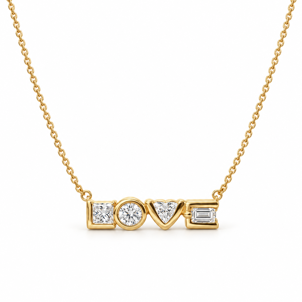 LOVE Mixed Cut Four Stone Yellow Gold Necklace