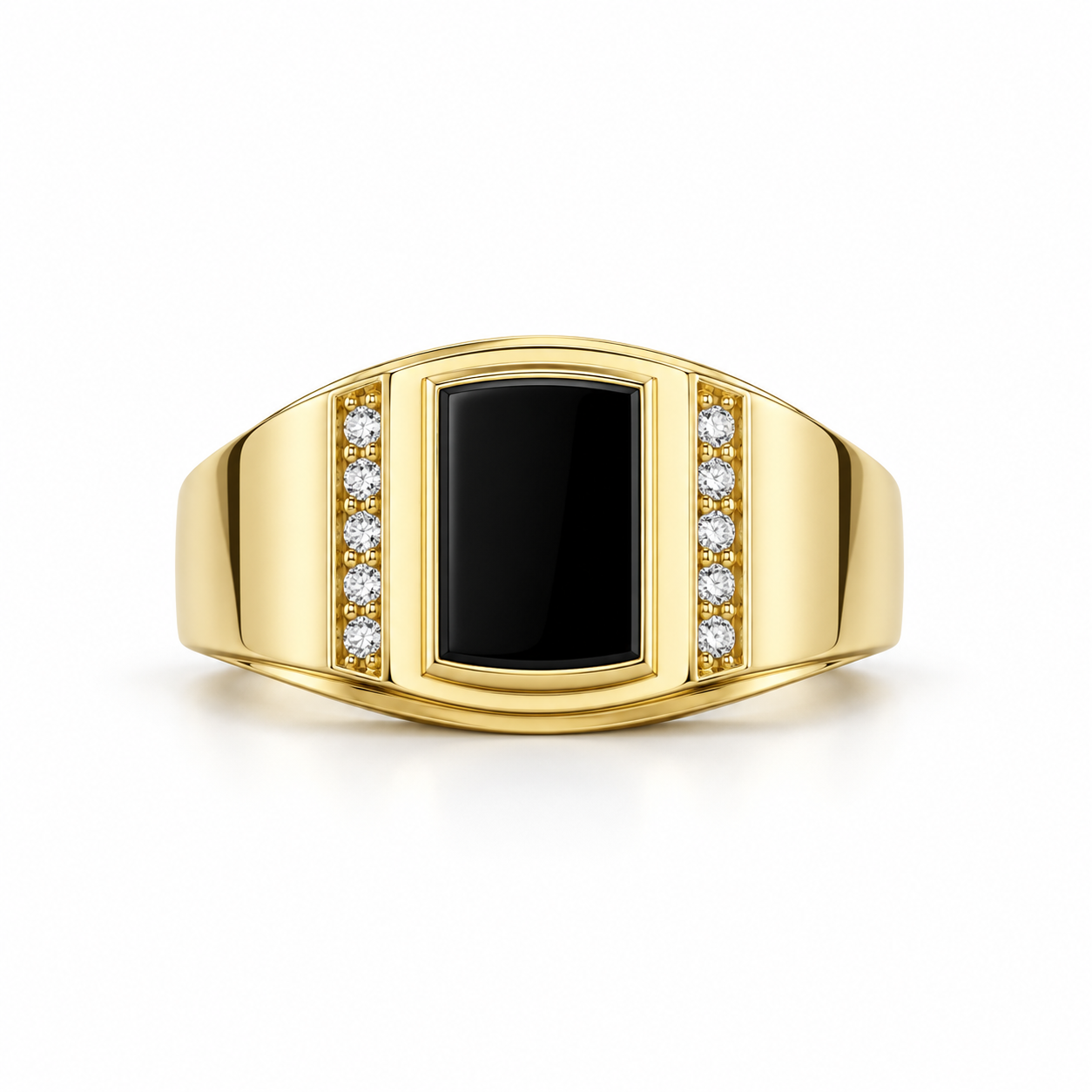 Rectangular Black Panel Yellow Gold-Tone Signet Ring with Round Stone Accents