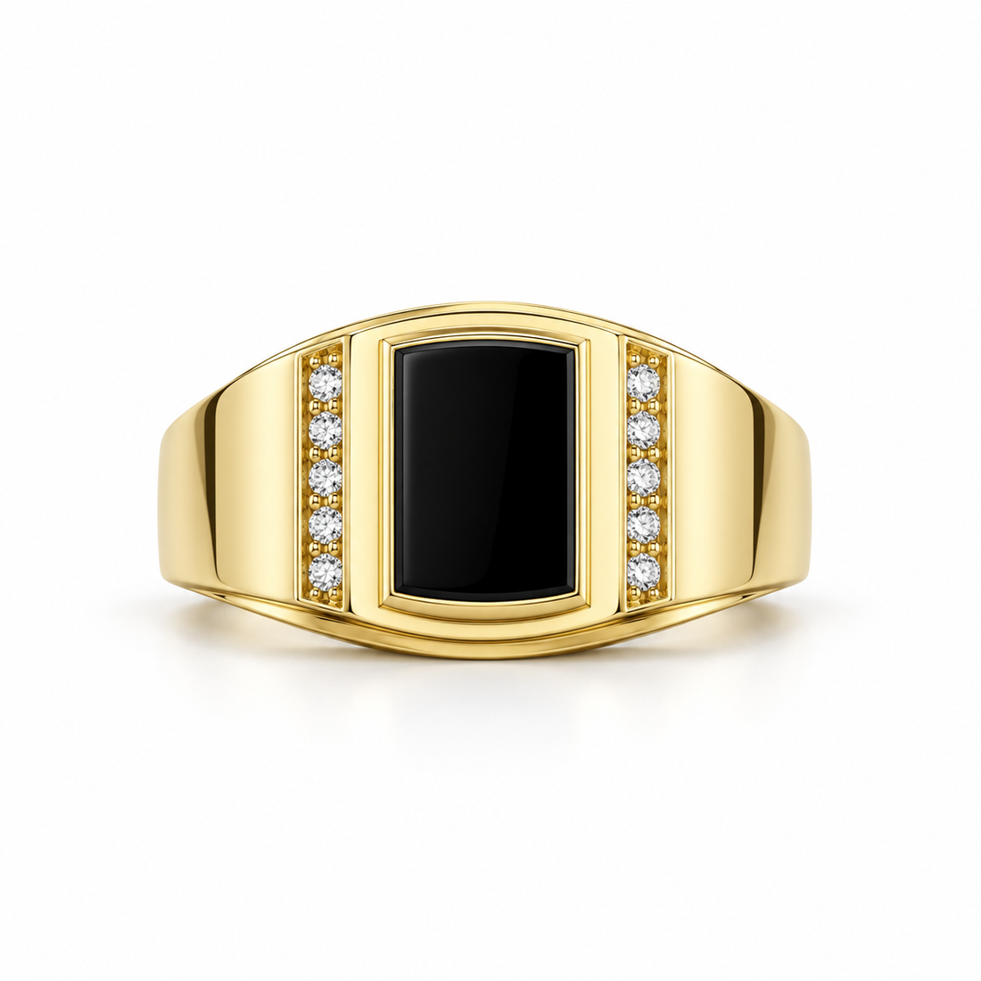 Rectangular Black Panel Yellow Gold-Tone Signet Ring with Round Stone Accents