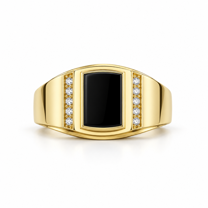 Rectangular Black Panel Yellow Gold-Tone Signet Ring with Round Stone Accents