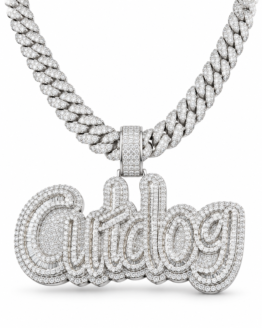 Custom Iced Out Script Name Pendant with Baguette Stones
