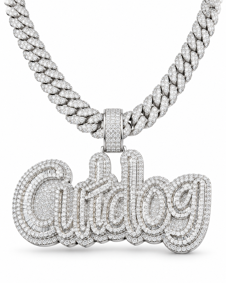 Custom Iced Out Script Name Pendant with Baguette Stones