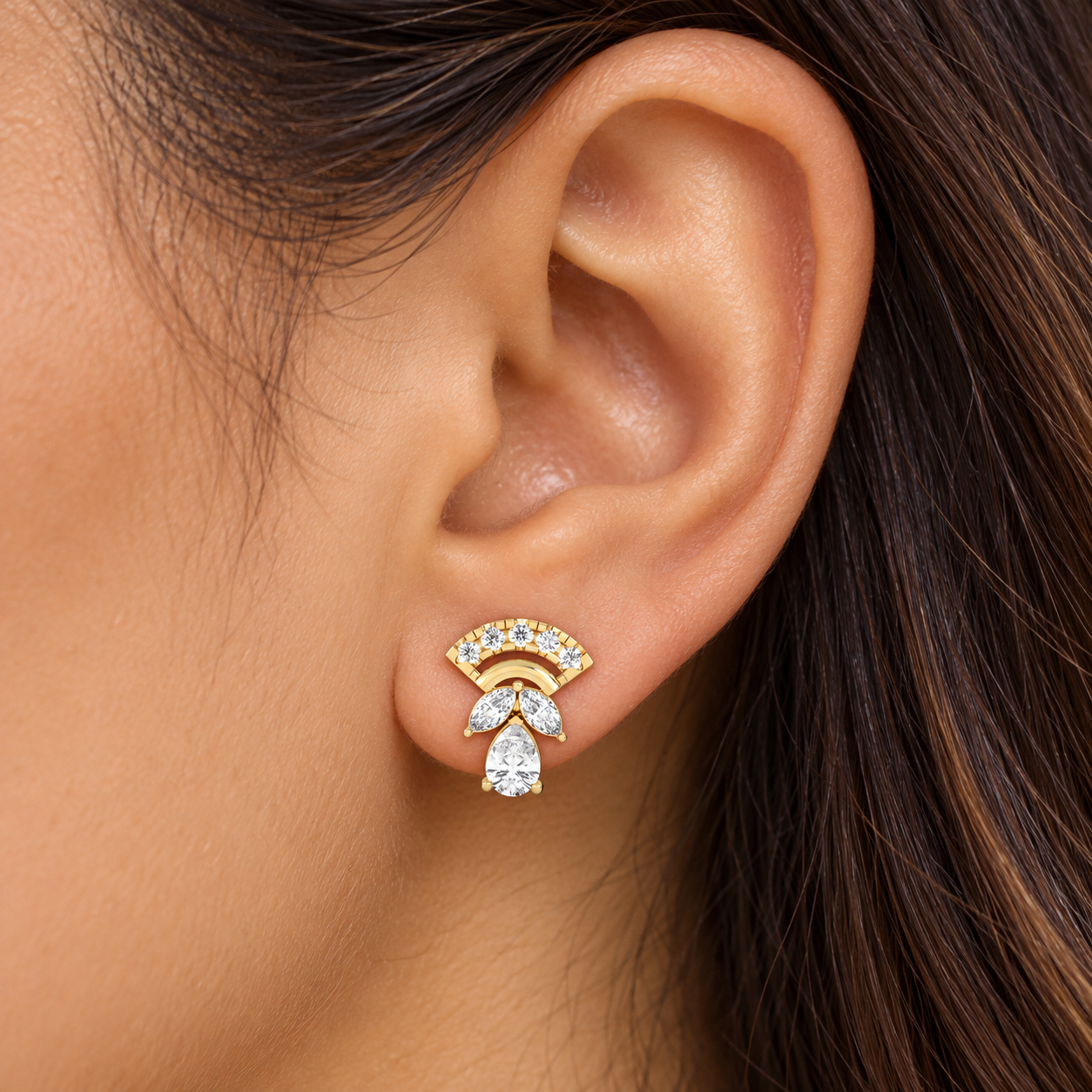 Fan-Shaped Marquise & Pear-Cut Yellow Gold Stud Earrings