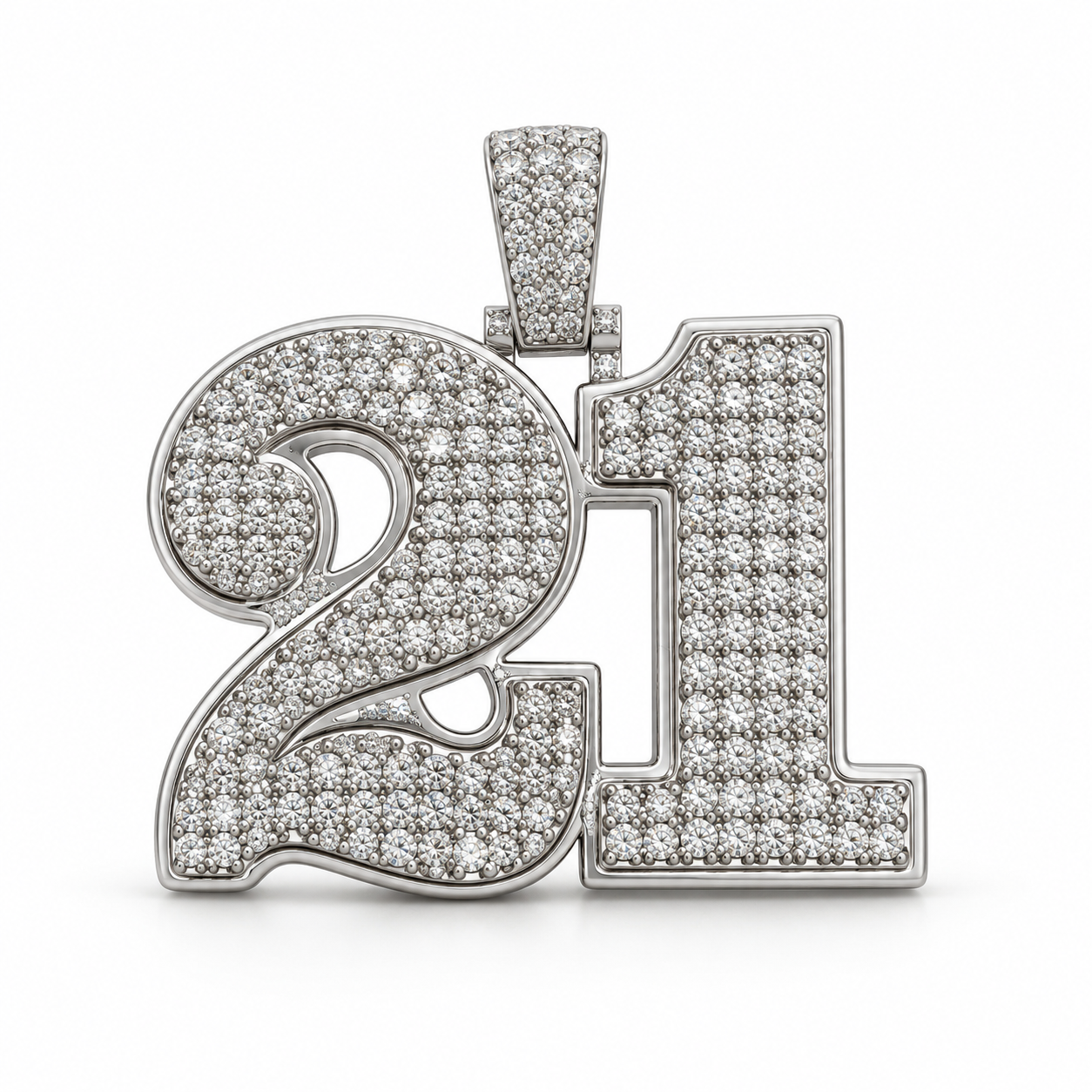 Iced Out Number 21 Pendant – Custom White Gold Tone Hip Hop Jewelry