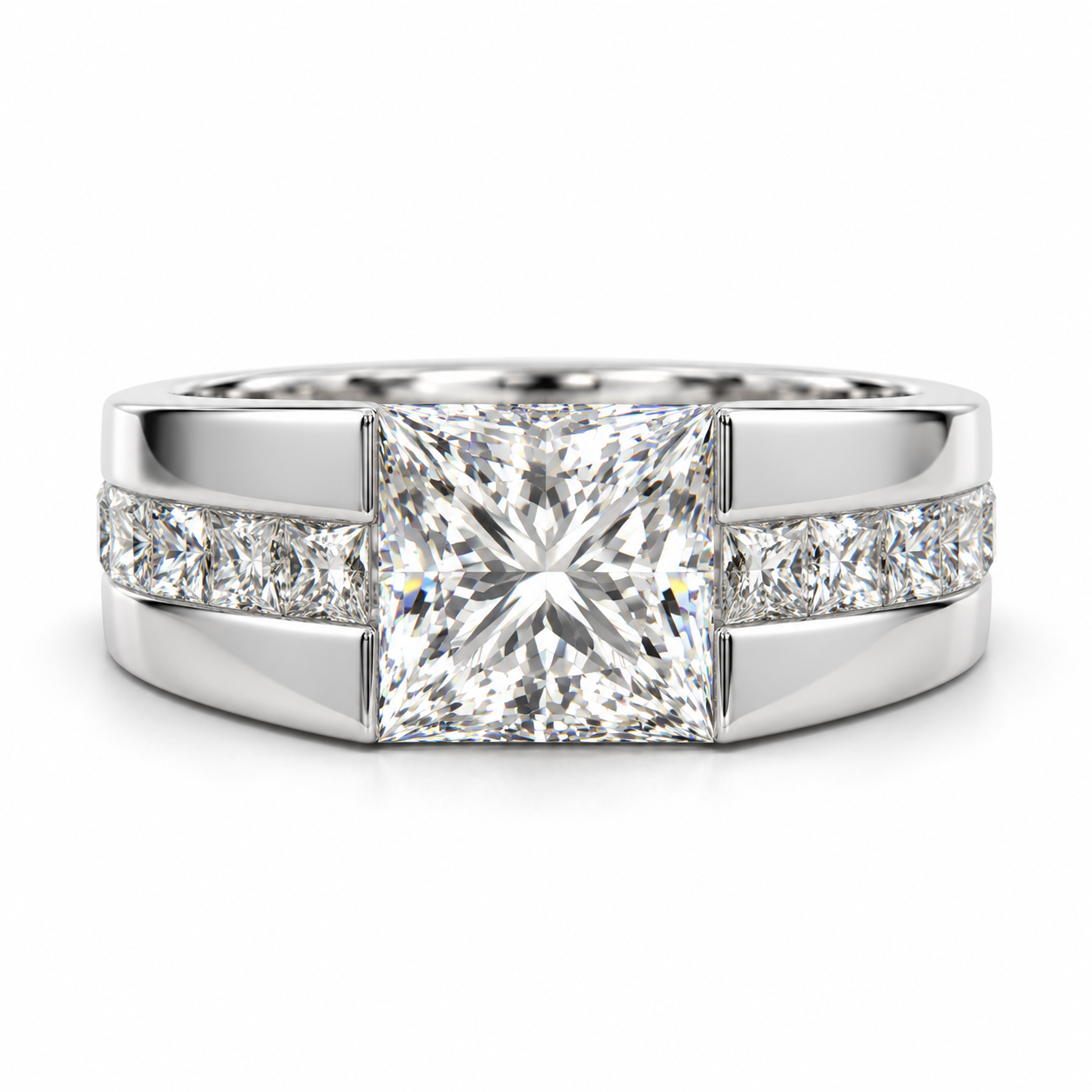 Princess Cut Center Stone White Metal Ring with Channel Set Shoulders