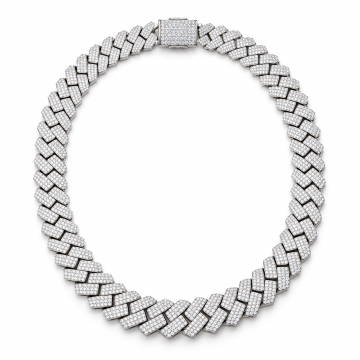 Iced Out Flat Curb Link White Gold-Tone Chain