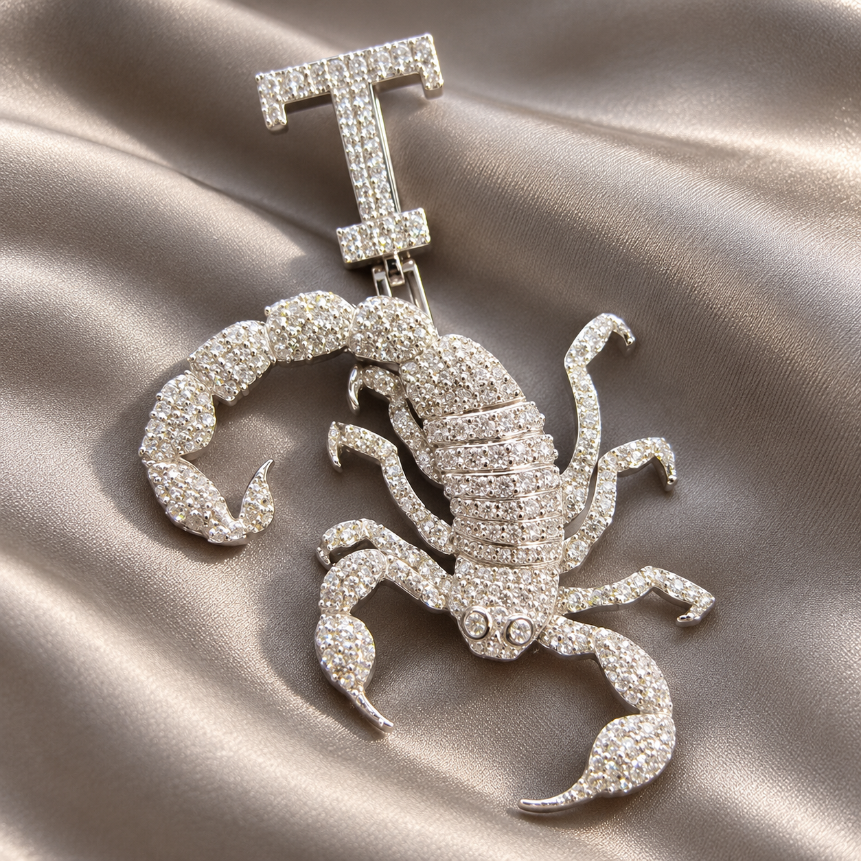 Scorpion White Metal-Tone Pavé Pendant with Curled Tail and T Initial Bail