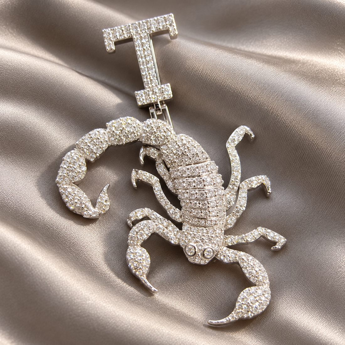 Scorpion White Metal-Tone Pavé Pendant with Curled Tail and T Initial Bail